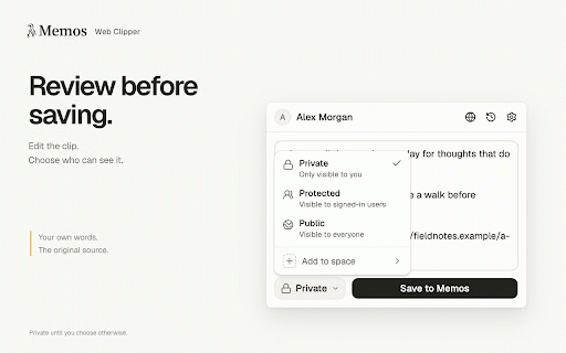 Memos Web Clipper :: Save pages, selections, and images to your memos from Chrome or Firefox, as Markdown with a link to the source.