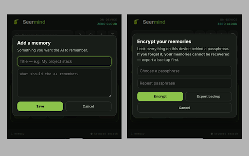 Seermind — your AI memory, on your device :: Local AI memory for Claude, ChatGPT & Gemini. Save chats on your device and bring context back. Zero cloud.