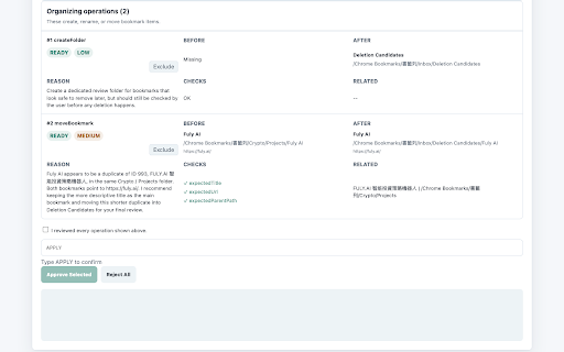 BookmarkOps :: Sync-safe AI bookmark cleanup. Review first, apply safely.
