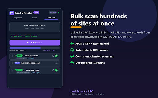 Email, Phone & Social Lead Extractor – Free Bulk Web Crawler :: Accurately extract emails, phone numbers (with country & name) & social profiles. Bulk scan, deep crawl, CSV/vCard export. Private.