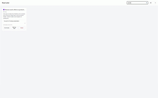 Read Later :: Save pages to read later in one click, summarize them with AI, and revisit them from a tidy library.