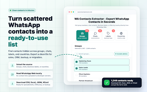 WA Contacts Extractor - Export WhatsApp Contacts :: Export WhatsApp contacts from groups, chats, labels, and countries to CSV, Excel, JSON, or VCard.