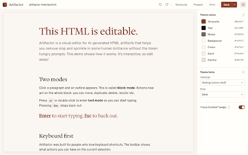 Artifactor: Visual HTML Editor :: Visual editor for AI-generated HTML artifacts. Edit text and styling, add or remove elements, present fullscreen and print to PDF.