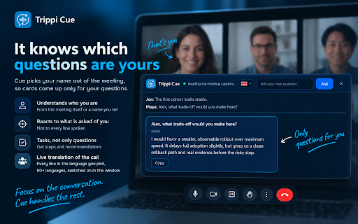 Trippi Cue — AI Interview Copilot in any language :: AI Interview Copilot and Interview Assistant for Google Meet, Zoom, Teams: suggests answers, translates the call into any language.