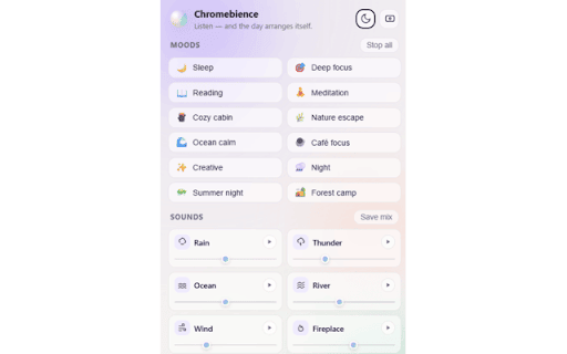 Chromebience — Ambient Focus :: A premium ambient sound mixer for focus, sleep, study, meditation and deep work. Plays in the background across tabs.