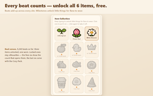 Drumbara – Capybara Typing Drummer Pet :: A cozy capybara drums along while you type. Never reads which keys you press. Collect items as your beats add up.