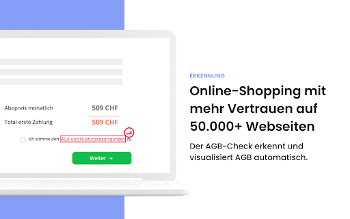 AGB-Check von Stiftung für Konsumentenschutz :: Der AGB Check erkennt automatisch AGB und identifiziert einige wichtige Klauseln für Dich.