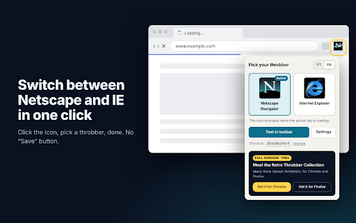 Classic Netscape Throbber :: Bring back the Netscape Navigator or Internet Explorer loading animation in Chrome. Switch with one click.