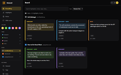 Notewell - Highlight & Sticky Notes :: Highlight text and pin sticky notes on any web page. Everything saves to a private, local board you can search and export.