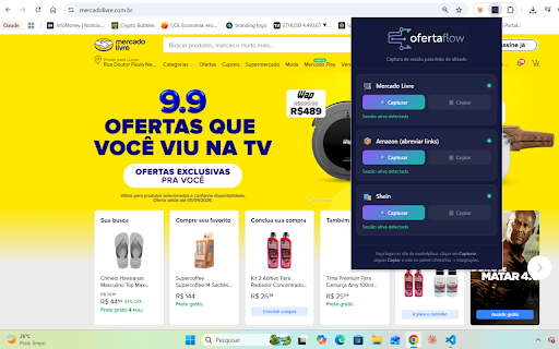 OfertaFlux :: Captura sessões de afiliado (Mercado Livre, Amazon, Shein) para gerar e encurtar links automaticamente no OfertaFlux.