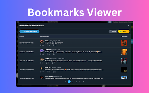 Twitter Bookmarks Downloader - Export X Bookmarks :: Twitter Bookmarks Downloader - Export X bookmarks to CSV, JSON, or XLSX with one click. Backup, save offline, or share easily.