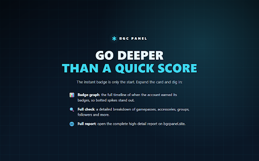 BGC Panel - Roblox Account Checker :: Instant Roblox account checks on profiles: alt score, account age, past usernames, badge history and full background checks.