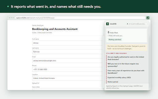 JobsDXB Form Filler :: Fills the employer's application form from your JobsDXB kit. Submits only on a run you start.