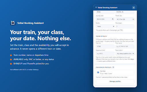 Tatkal Booking Assistant for IRCTC - Auto Fill :: Fast IRCTC Tatkal ticket booking: auto fill passengers, open your train and reach UPI payment at 10/11 AM. You enter CAPTCHA & OTP.