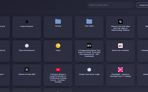 Bookie v2 :: Beautiful bookmark manager with Omarchy themes, live previews, search, and customizable grid. Replace your new tab page.