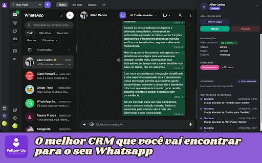 Follow-Up CRM :: Kanban de leads e funil de vendas direto no WhatsApp Web. Organize conversas, negócios e etapas sem sair da tela.