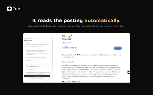 Tailr — Tailor Your Resume in Seconds :: Skip the resume rewrite. Tailr adapts your resume to every job in seconds, so you spend the time applying — not editing.