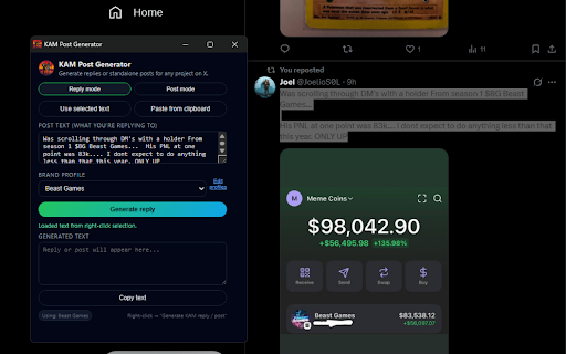 KAM Post Generator :: Generate on-brand replies and standalone posts for X using customizable profiles, license keys, and credits.