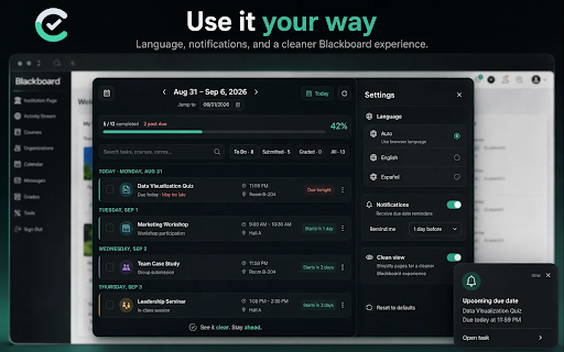 Clearview :: A calmer Blackboard dashboard for weekly work, deadlines, classes, grades, and personal planning.