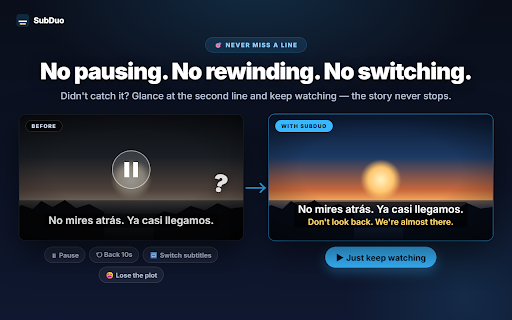 SubDuo — Dual Subtitles for Streaming :: Show two subtitle languages at once on Prime Video, YouTube, Netflix, Disney+ and TED. Made for language learners.