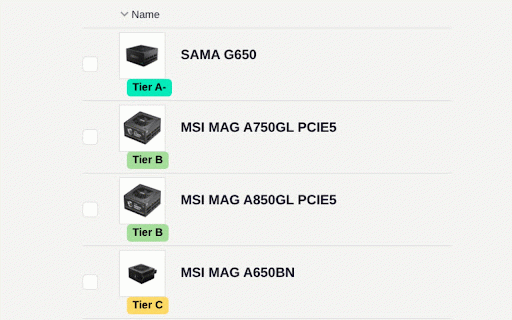 PSU Tier Badges (PCPartPicker & Tweakers) :: Show SPL's PSU Tier List ratings as badges on PCPartPicker and Tweakers, with match-confidence and details.