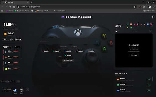 BalanceTab — Gamer + Office :: New tab page with clock, weather, search, games, AI links & recent tabs.