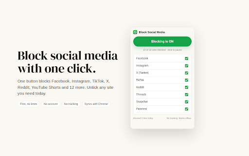 Block Social Media – Social Media Blocker :: Block social media with one click. One button blocks Facebook, Instagram, TikTok and 15 more distracting sites. Free, no tracking.