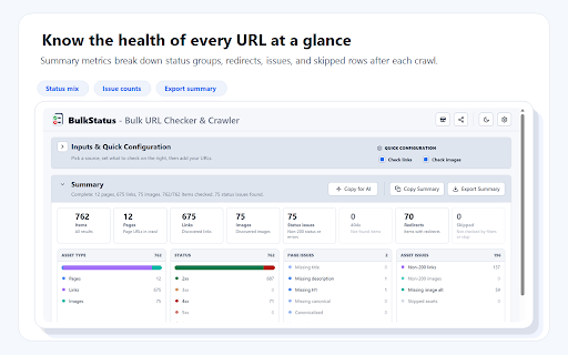 BulkStatus - Bulk URL Checker & Crawler :: Crawl and bulk-check URLs for status codes, broken links, redirects, images, and SEO metadata from a sitemap, llms.txt, or list.
