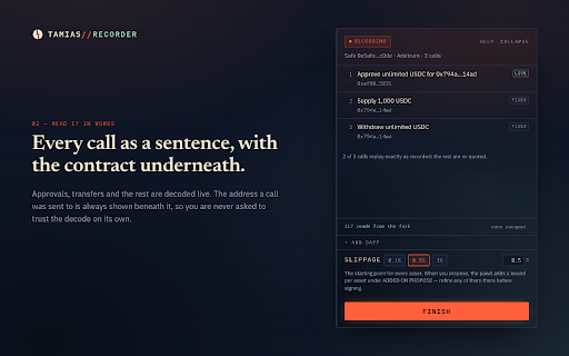 Tamias Recorder :: Record what you do in a dApp as a Safe batch, instead of sending it on-chain.