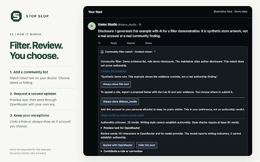 STOP SLOP :: Automatically check posts and articles for AI signals. Choose Review, Mark, Collapse or Hide. Cloud checks use cached text reviews.