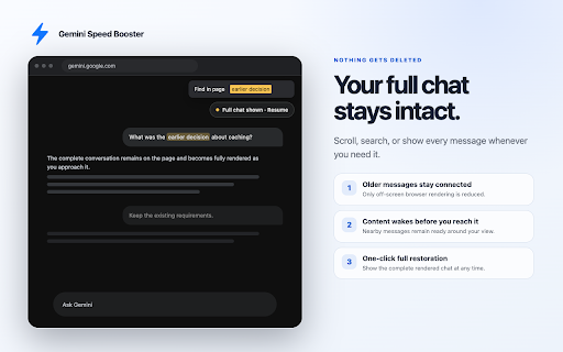 Gemini Speed Booster – Fix Lag in Long Chats :: Speed up slow, laggy Gemini conversations. Reduce typing and scrolling lag in long chats while keeping every message intact.