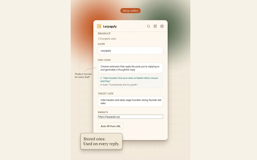 Lazyapply :: Generate product-aware replies on X, Reddit, and LinkedIn. Mention your product naturally — or reply as yourself.