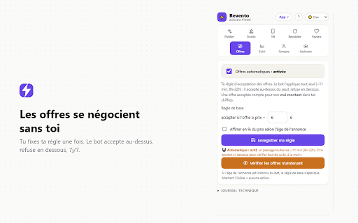 Revento - Assistant de vente Vinted :: Ta boutique Vinted en pilote automatique : annonces générées par l'IA, republication, réponses aux favoris et offres gérées seules.