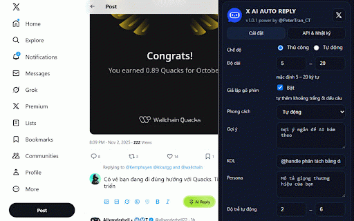 X AI Auto Reply :: AI powered auto reply generator for X (Twitter). Author: PeterTran_CT