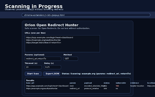 Orion Open Redirect Hunter :: Automated, safe scanner for Open Redirect vulnerabilities. Does not follow redirects; records Location/meta/JS evidence.