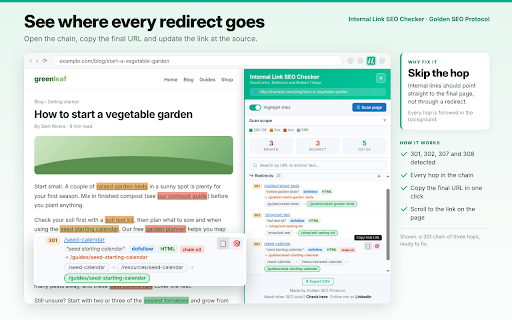 Internal Link SEO Checker :: Analyse internal links: check 404s, 301 redirects, chains, loops, anchor text, dofollow/nofollow and highlight links on page.
