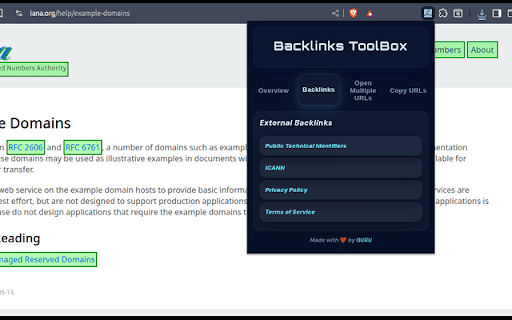 Backlinks ToolBox – Dofollow Backlink Checker & more :: Highlights dofollow (green) & nofollow (red) links, checks indexability, bulk open/copy URLs, and checks external backlinks.