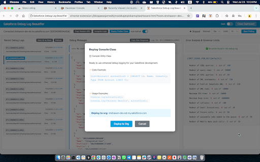 Salesforce Debug Log Beautifier :: Beautify Salesforce debug logs with syntax highlighting, clear JSON formatting, and smart real-time polling.