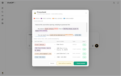 AI Chat Privacy Guard :: Protect personal information when using AI assistants: detects and masks it before reaching chatbots, then restores it in responses.