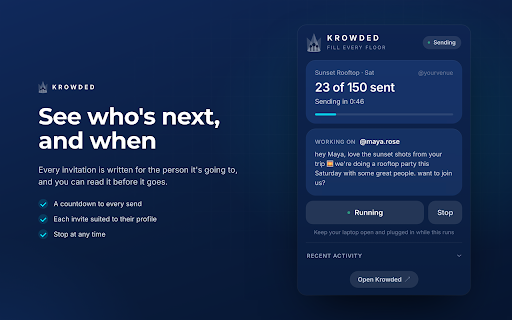 Krowded :: Invites people to your events from your own Instagram, in your own browser.