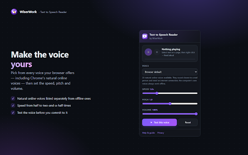 Text to Speech Reader - WiserWork :: Select text on any page, right-click, and hear it read aloud. Choose the voice and fine-tune speed, pitch and volume.
