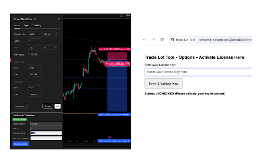Trading Lots Calculator :: Calculates lot sizes in TradingView. Requires a license key (obtained via subscription) for full symbol access. Free for EURUSD.