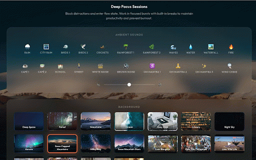 Focus Here Now :: Transform your new tab into a beautiful focus zone with ambient sounds, live backgrounds, and a Pomodoro timer.
