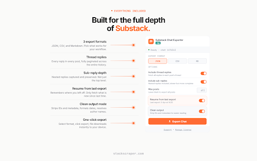 Substack Chat Exporter by Stackscraper :: Export Substack chat threads, replies, and sub-replies from the current page to JSON, CSV, or Markdown.