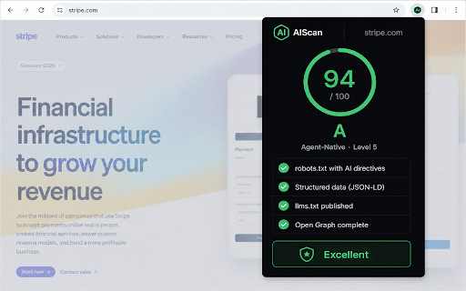 AIScan — AI Readiness Checker :: Scan any site for AI-agent readiness. Get an instant score, grade, and the top fixes — without leaving the page.