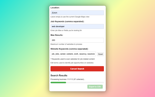 Hidden Job Search Helper :: Find hidden job opportunities on business websites via Google Maps, tailored to your location, and export results to CSV.