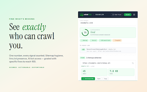 Sukat Crawler — Sitemap & Robots Audit :: Audit the crawl layer of any site — sitemap, robots.txt, llms.txt, AI bot access, and URL health. By Sukat App.