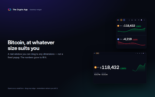 Bitcoin Price Ticker — The Crypto App :: Live Bitcoin and crypto prices in a resizable desktop widget you can size and place anywhere. From The Crypto App.