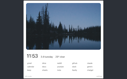 New Tab :: Simple, yet customizable new tab with time, date, weather, and bookmarks — all with flexible appearance options.
