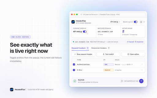 HeaderFlex - Modify HTTP Requests :: ModHeader alternative: modify headers, redirect/block, mock APIs, inspect rule hits, re-inject responses. 100% local, zero upload.